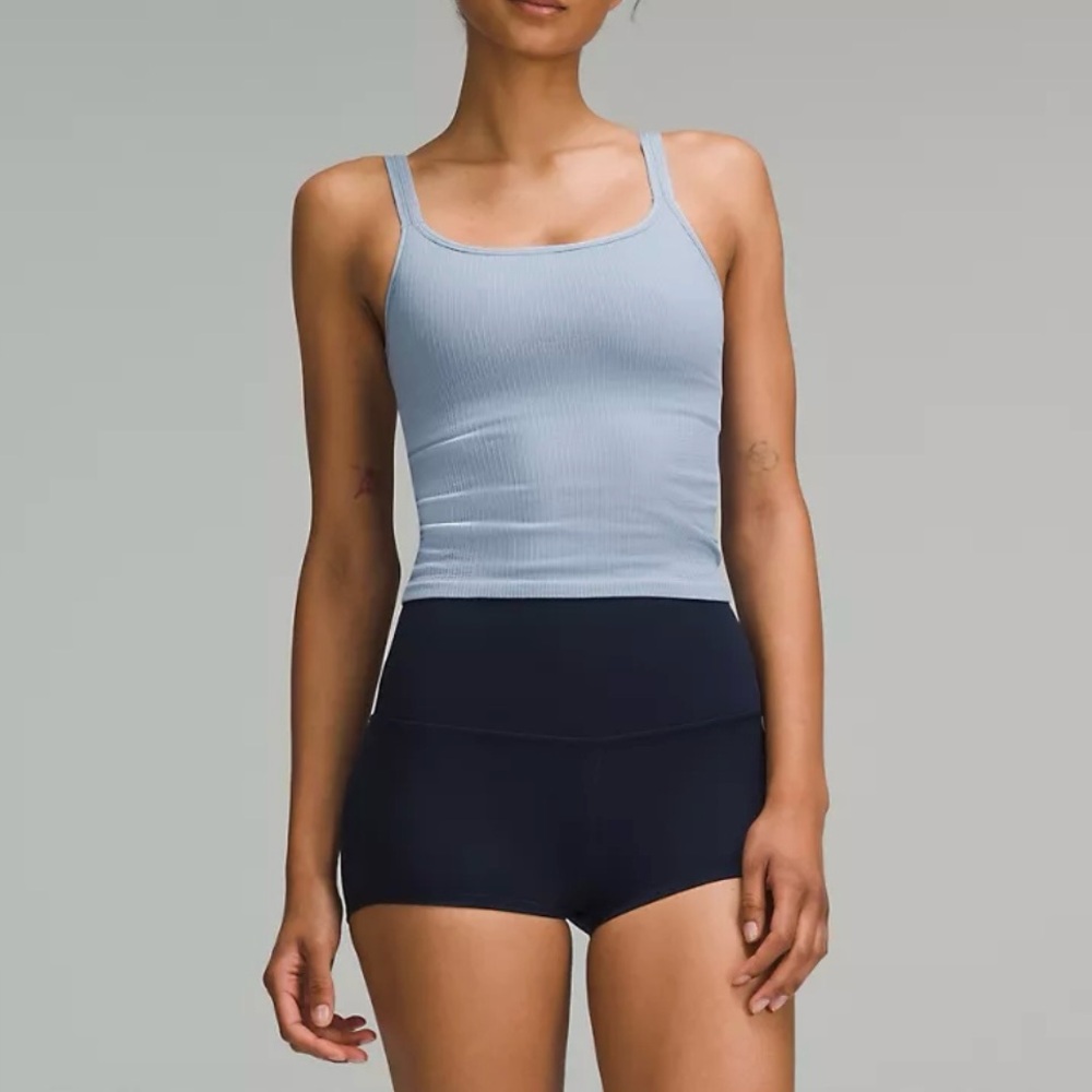 lululemon ebb to street scoop-neck cropped tank top in blue willow